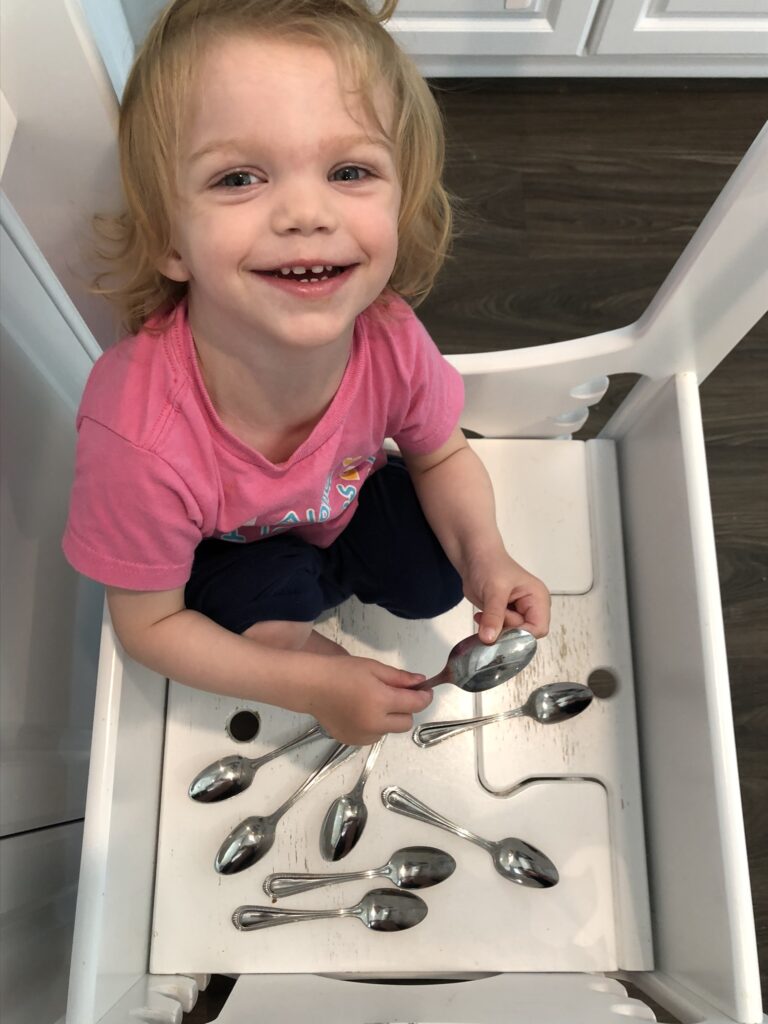 Toddler Learning Tower - Playing with Spoons