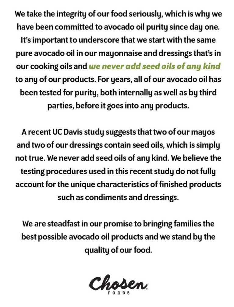 Chosen Foods response to avocado oil study